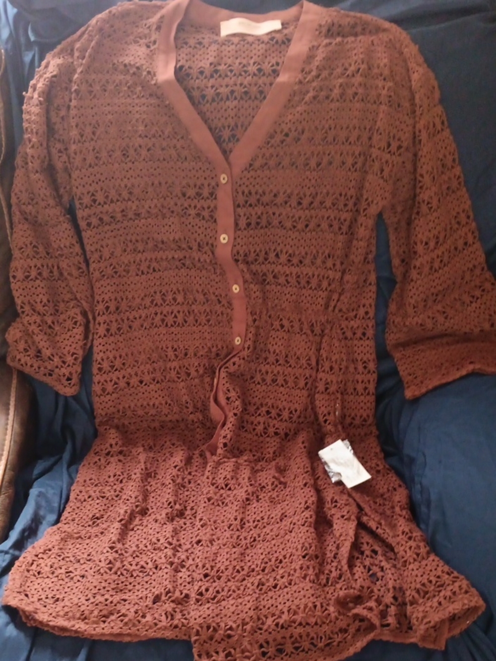 Peace Love World Brown Crochet Button-Front Long Sleeve Dress